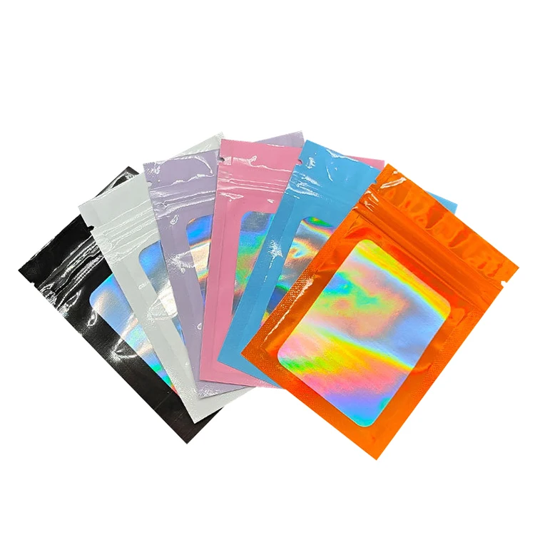 Holographic Iridescent Packing Mylar Bag with Clear Window Ziplock Laser Pouch Food Storage Sealable Flat Plastic Bag