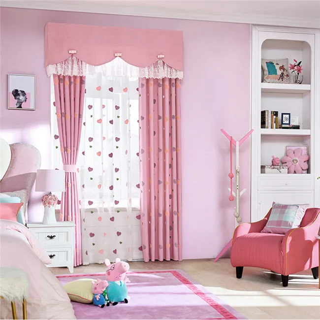 Розовые готовые занавески с сердечками, кружевные шторки принцессы, Роскошные плотные детские занавески для девочек, занавески для спальни