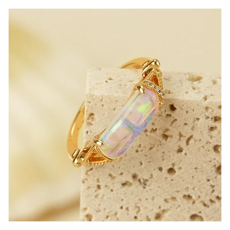 Opal and Diamond Ring with 925 Sterling Silver 14K Gold Plated for Wedding Engagement Anniversary or Gift for Party