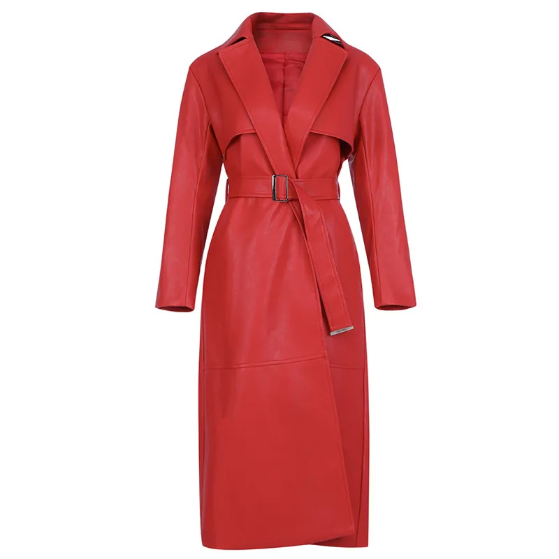 
A4268 Wholesale Red Long Sleeve Belted Winter Synthetic Leather Woman Jacket 