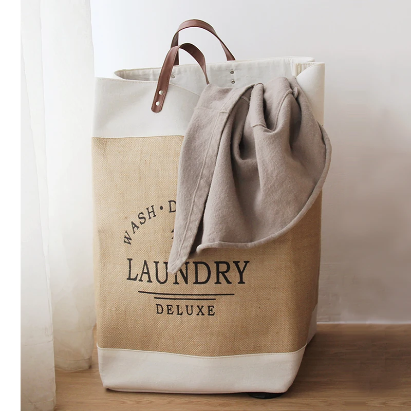Hot Ins Linen Fabric Dirty Clothes Storage Basket with Leather Handle Bathroom Clothes Hamper Washable Foldable Laundry Basket