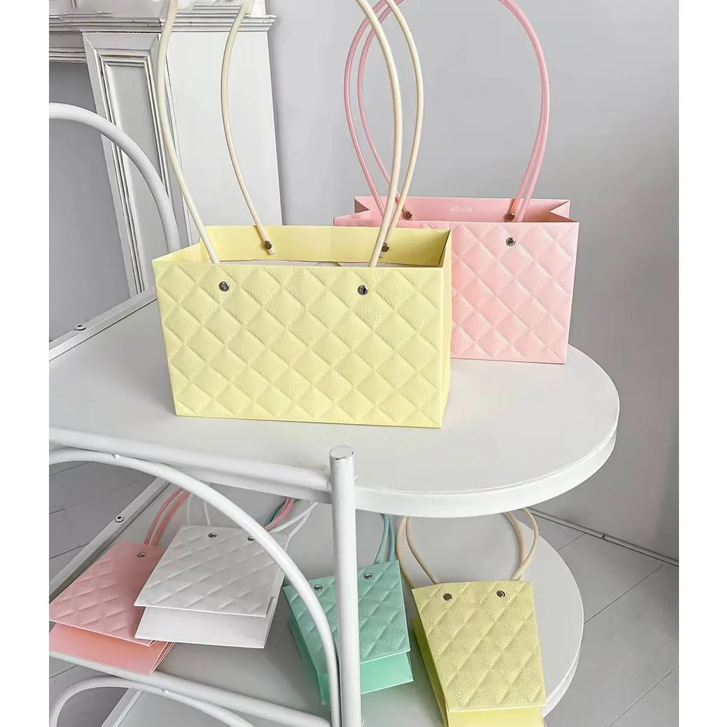 Small Custom Logo Luxury Shopping Tote Flowers Handle Kraft Square Flower Paper Bag