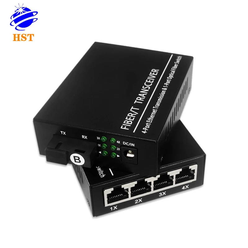 factory price 100M Ethernet Fiber Media Converter HST-100M-20KM-A/B TX1310/RX1550nm 1 fiber 4 lan ports SC fibre media Converter