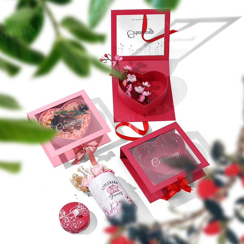 Custom Special Cardboard Packaging Boxes Clear Display Lid Flower Present Wrap Red Heart Shaped Gift Box with Transparent Window