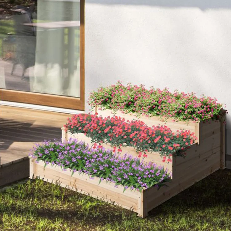 Raised Garden Bed Design 3 Tier Outdoor Wooden Cedar Barrels Planter Box shape for Growing Vegetable Flower