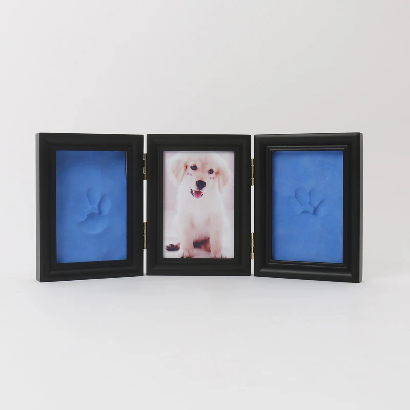 Foldable solid wood photo frame for easy placement as a beautiful gift for pets with pressed paw prints
