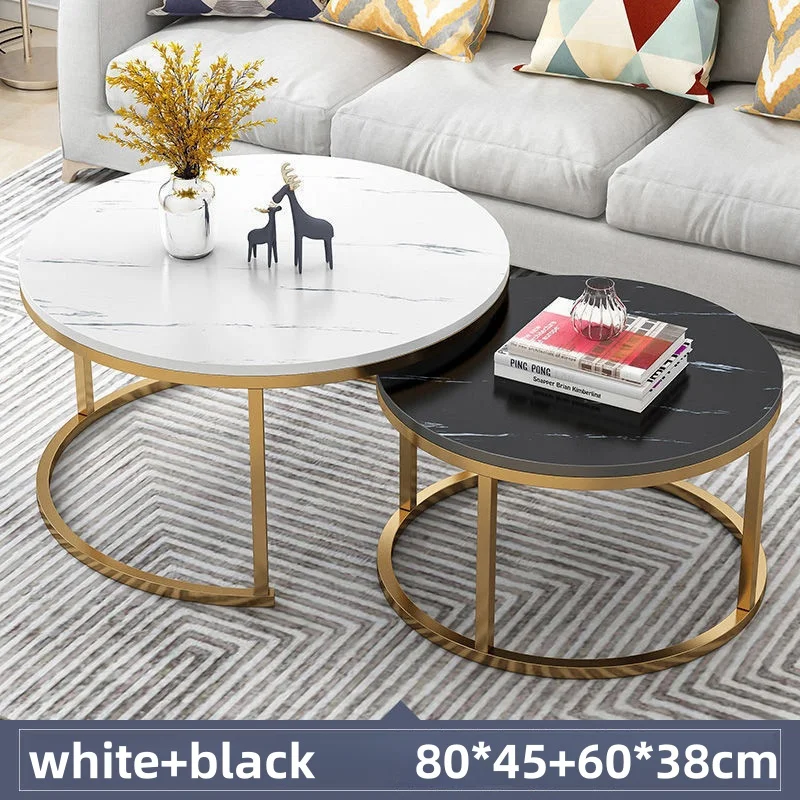 Golden Frame Round Wood Nesting Coffee Table Set of 2 for Living Room Bedroom Wood Coffee Tables with Sturdy Metal Frame