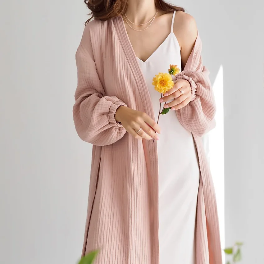 High Quality Double-layer Crepe Custom Cotton Muslin 4 Layer Lady Gown Breathable Women Bathrobe Luxury Spa