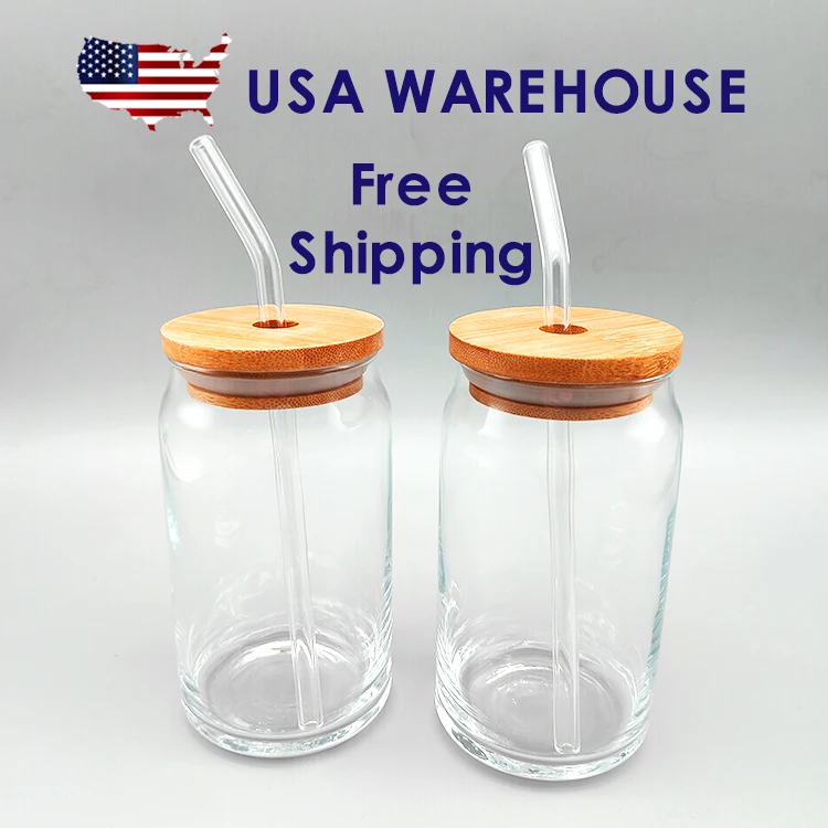 USA Warehouse Free Shipping Products Vinyl Print 16 Oz 480ml Libbey Can Shape Glass Tumbler Cup with Bamboo Lid And Glass Straw
