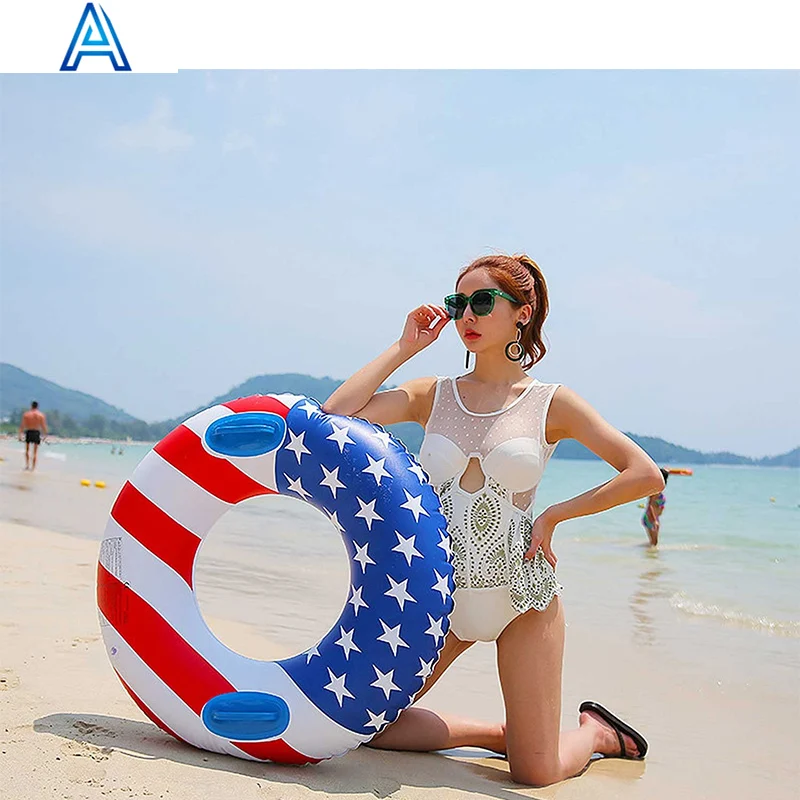 American flag printing durable cheap low price PVC inflatable swim tube swim ring for summer pool beach swim toy with handles