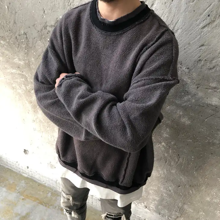 Custom Men Oversize Cross Stitching Raw Edge Round Neck Pullover Sweatshirt Blank Korea High Streetwear Distressed Sweatshirts