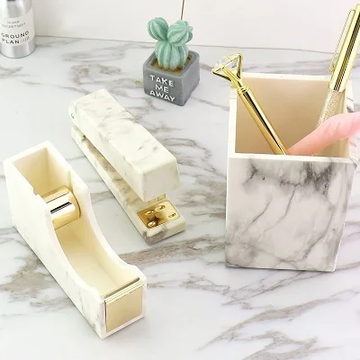 Marble White Desk Organizers Set  Gold Stapler Staples Tape Dispenser Pen  Holder