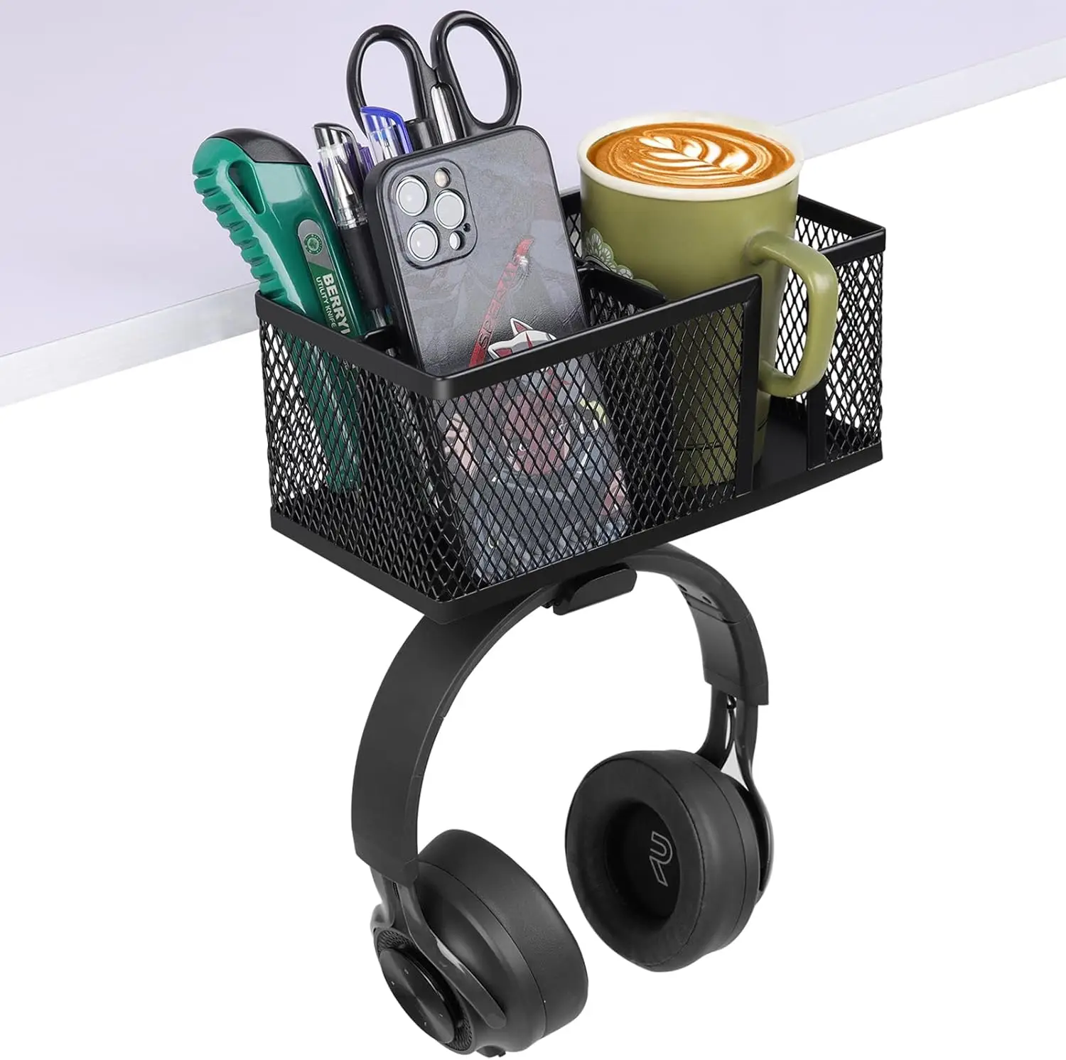 3-in-1 Clip-On Desk Organizer, Rotatable Headphone Holder for Cups, Cell Phones, Notebooks and Pens For Office,Study (Black)