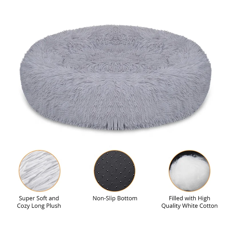 Factory Custom Ultra Soft Round Long Fleece Plush Waterproof Calming Pet Dog Bed Removable Indoor Sleeping Nest Cat Dog Cushion