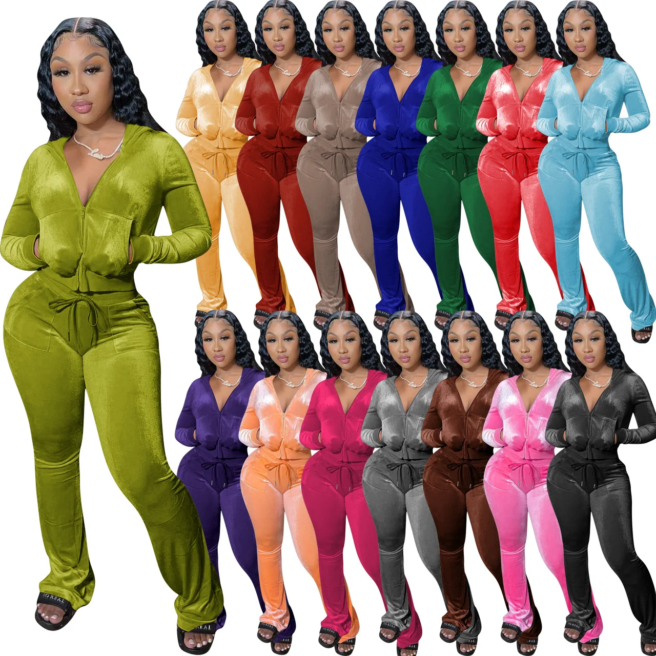 Women sweatpants and hoodie set of two piece pocket flared pants low cut long sleeved velvet track suit hoodie and jogging set