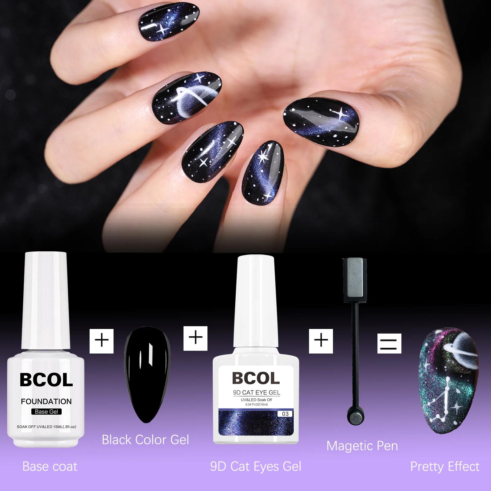 BCOL 9D Cat Eye Semi Permanent Gel Nail Art Polish Starter Kit Soak Off UV LED Custom Private Label 6Color Cruelty Free Magnet