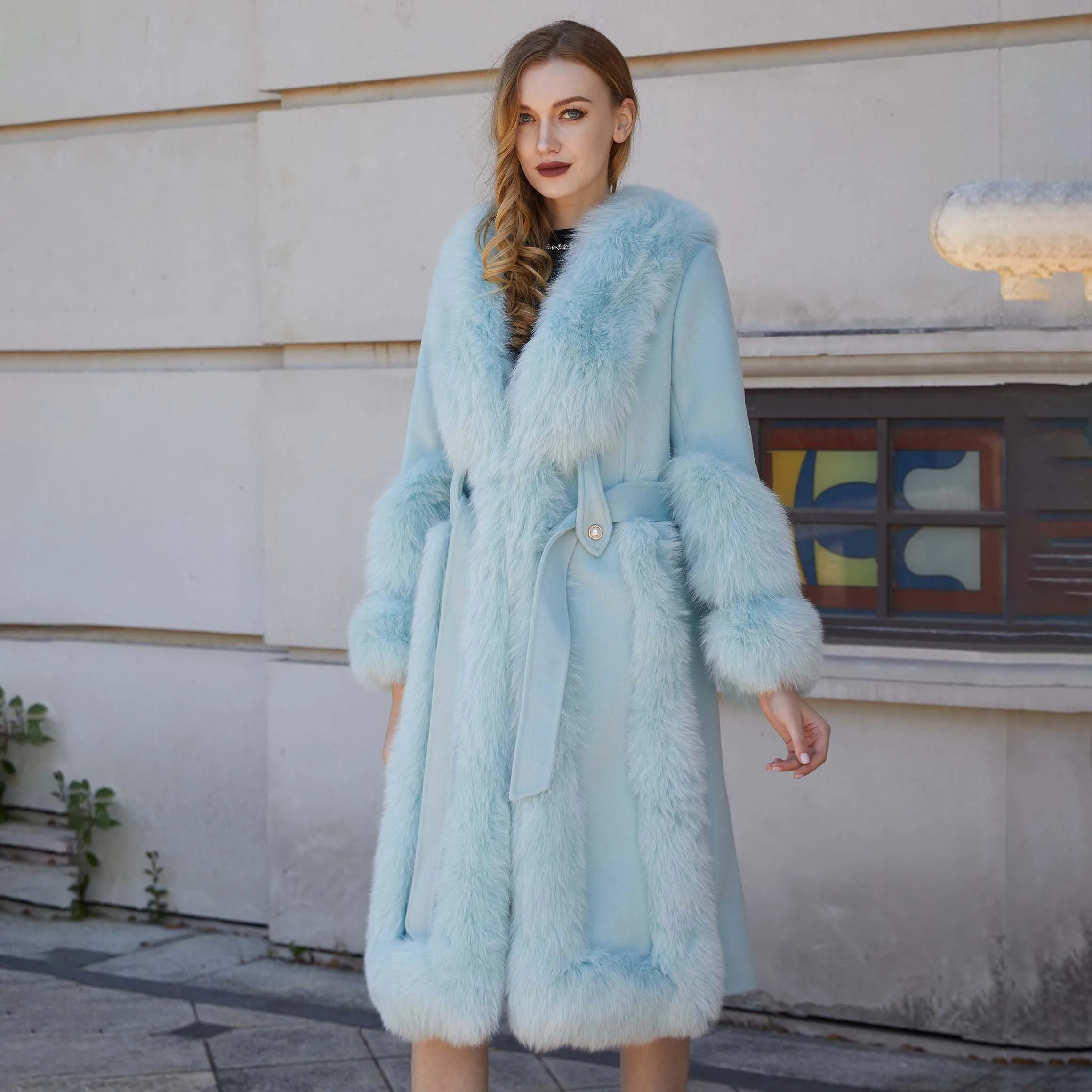 Elegant Style Super Large Ladies Fox Fur Collar Doubleface Cashmere Winter Wool Coat