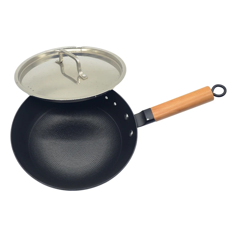 Eco-Friendly Honeycomb Non-stick Cast Iron Woks with Wooden Handle S/S Lid Cover Deep Frying Pan Wok