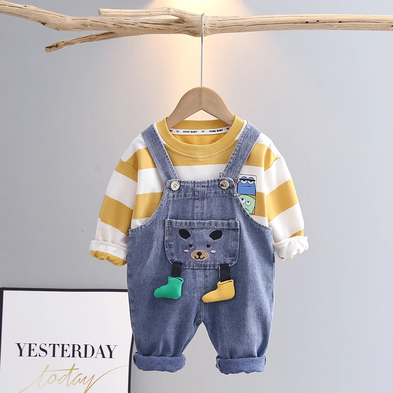 Toddler Kid Boy Girl 2Pcs Clothes Cute T Shirt Long Sleeve Top Suspender Short Jeans Pants