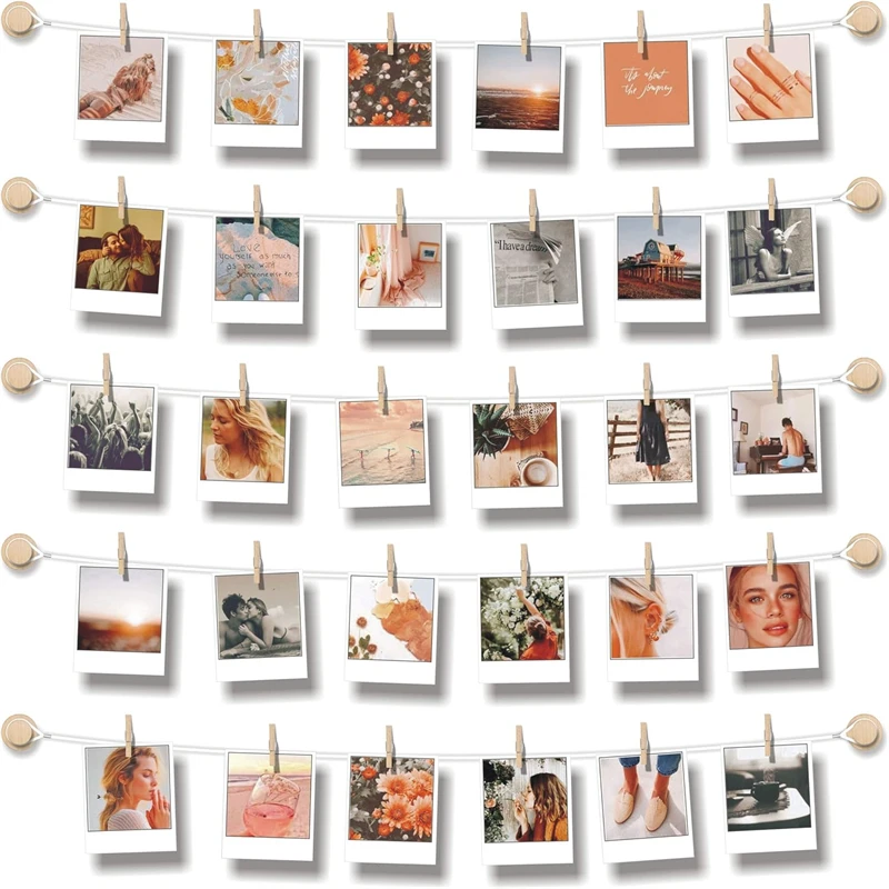 Strings with 30 Clips Self Adhesive Hooks Hanging Photo Display Room Wall Decor Sculptural Picture Frames Collage