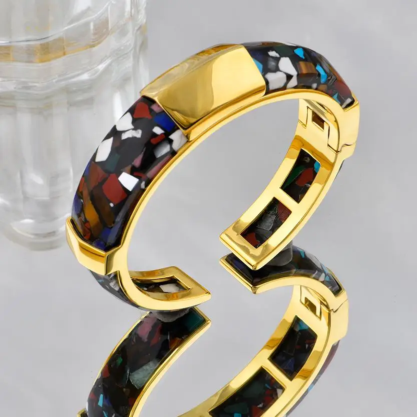 ChinChin Vintage Copper Marble Bracelets And Bangles For Women 18k Gold Plated Brass Wood Adjustable Cuff Bangle Jewelry Women
