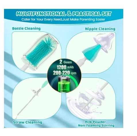 Electric Travel Baby Silicone Bottle Brush Set with Storage Box Automatic Bottle Cleaner Brush Kit with Bottle Nipple Straw
