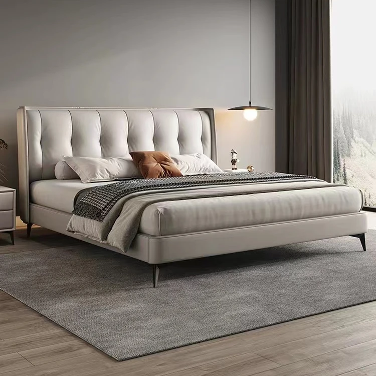 Leather  bed luxury modern simple master bedroom big Italian style minimalist double storage solid wood bed
