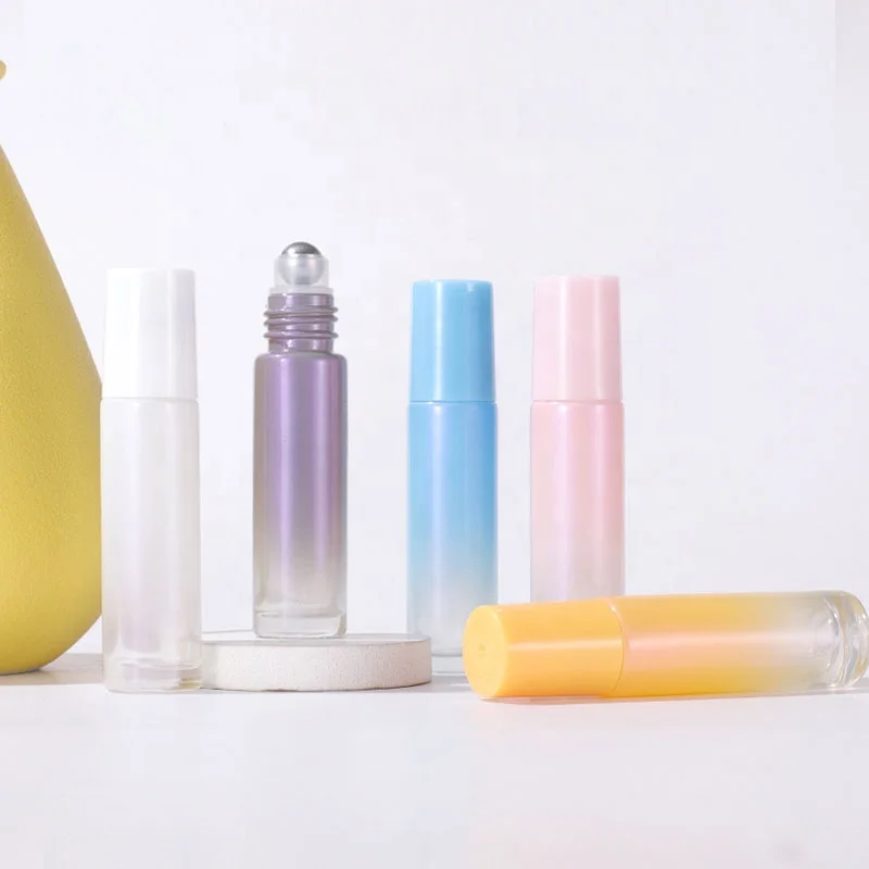 10ml Cosmetic Serum Bottles Gradient Color Roll On Essential Oil bottle Perfume Glass Roller Bottle Plastic Screw Lid wholesale