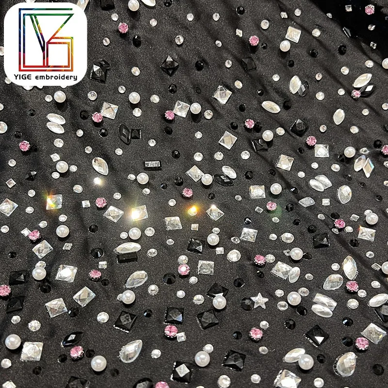 luxury Black robe heavy Crystal rhinestone Lace Bridal Wedding Lace Dress Fabric Crystal lace fabric
