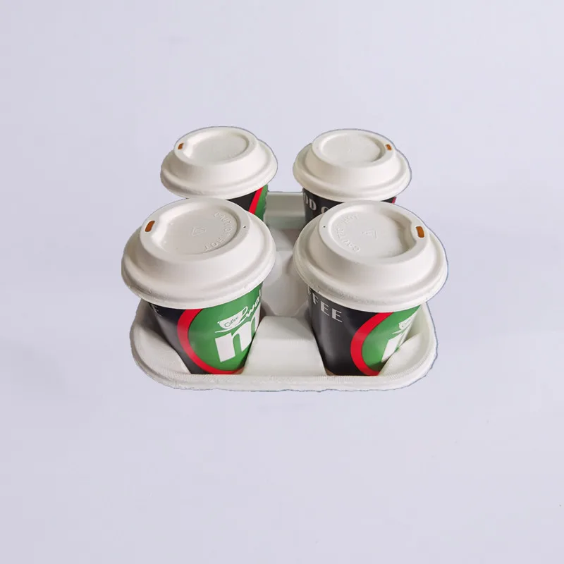 Top Seller Biodegradable disposable sugarcane paper hot drink holder 4 cups coffee carrier