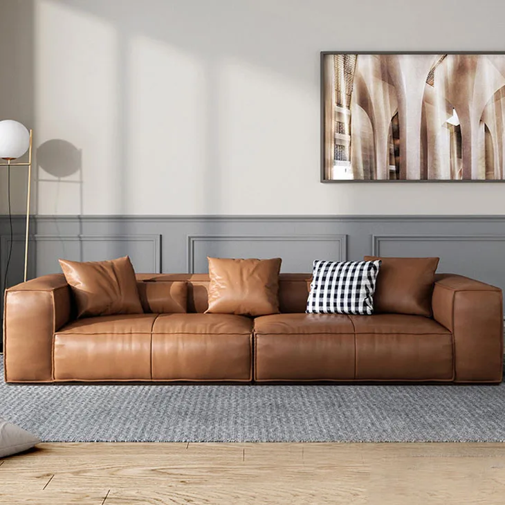 Italian tofu block, down leather sofa modern minimalist living room Nordic solid wood four -person leather cowhide sofa