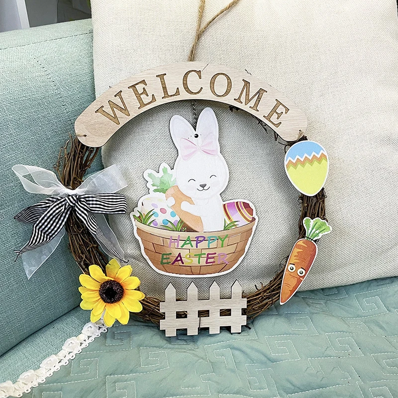 2022 Home Decorative BunnyFlower Wreath Door Hanger Pinecone Easter Wreath