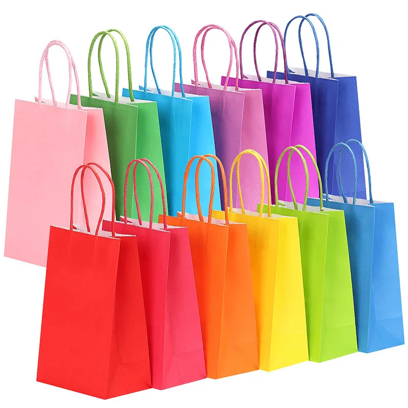 Multiple Colors Party Favor Candy Kraft Colored Paper Gift Bags with Colored Handle for Birthday