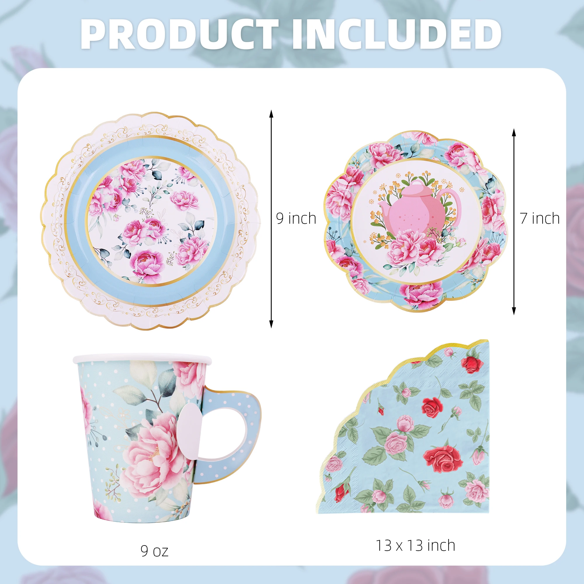 Pafu New Arrival  Party Supplies Serve 16 Kids Birthday Tableware Set  Spring Flowers Tea Party  Paper Plates, Cups, Napkins