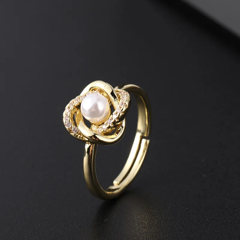 Light luxury retro fashion index finger ring geometric open tail 22K real gold plated pearl ring