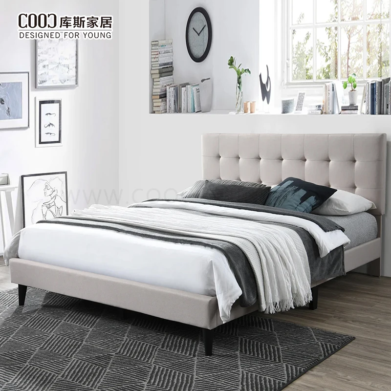 Full Size Bed Frame with Headboard Linen Fabric Queen King Size Modern Upholstered Platform Bed