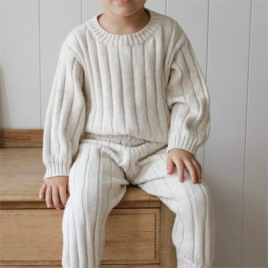 2024 Knitwear Manufacturer Custom Child Girls Wide Ribbed Knit Pullover Jumper Cotton Crewneck Kids Boy Thread Sweaters