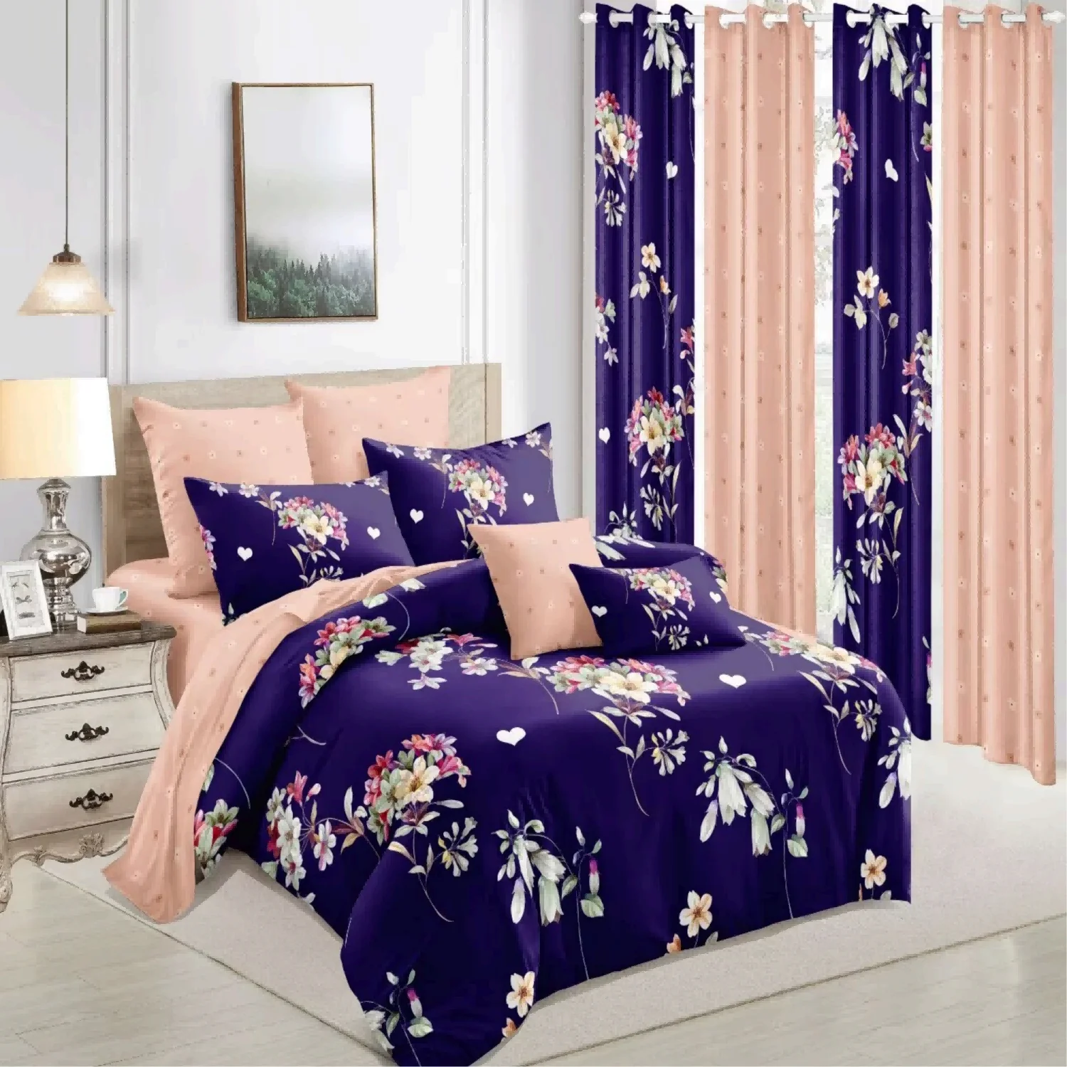 Microfiber Printed 11pcs Bedroom Bed Duvet Cover Bed Sheet Curtain Bedding Sets with Matching Curtains
