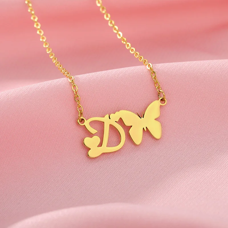 Fashion Cute Women Gold Plated Inital Letter Stainless Steel Jewelry Initial Butterfly Necklace