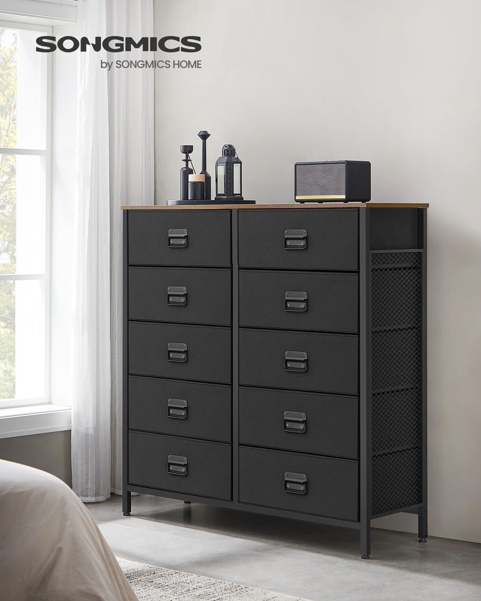 SONGMICS  Dresser with Metal Frame Tabletop for Closet Nursery Storage Unit with 10 Easy Pull Fabric Drawers Chest of Drawers