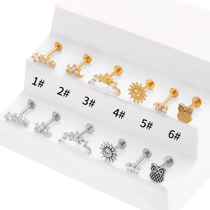 YW Stainless Steel Sunflower Threaded Labret Lip Piercing Owl Ear Cartilage Helix Tragus Stud
