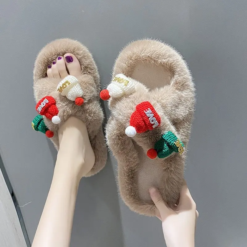 2021 fashion women winter toe flip flops cross flat cotton fur furry plush slippers new year merry christmas slides slippers