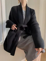 Thick bathrobe slouchy knit sweater jacket medium length alpaca cardigan with lace-up