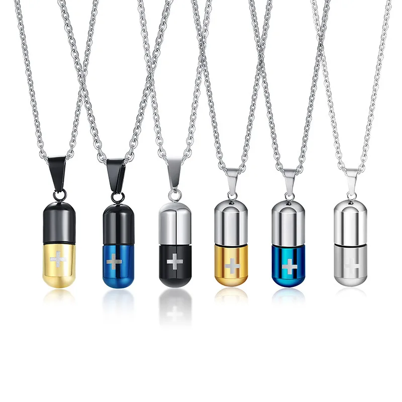 
Amazon hot selling Stainless steel pill perfume bottle pendant laser cross titanium steel necklace 