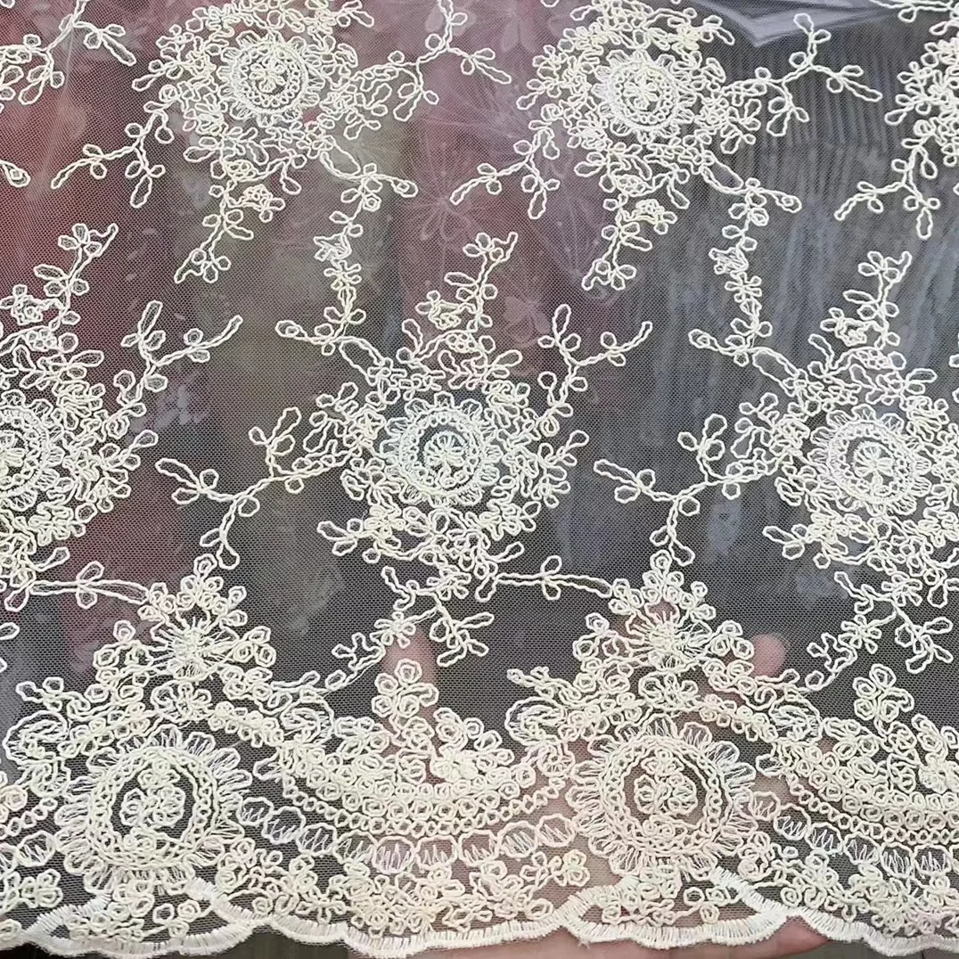 offwhite nylon mesh with cotton cord embroidery nylon tulle with cotton tape lace for hometextile and garment