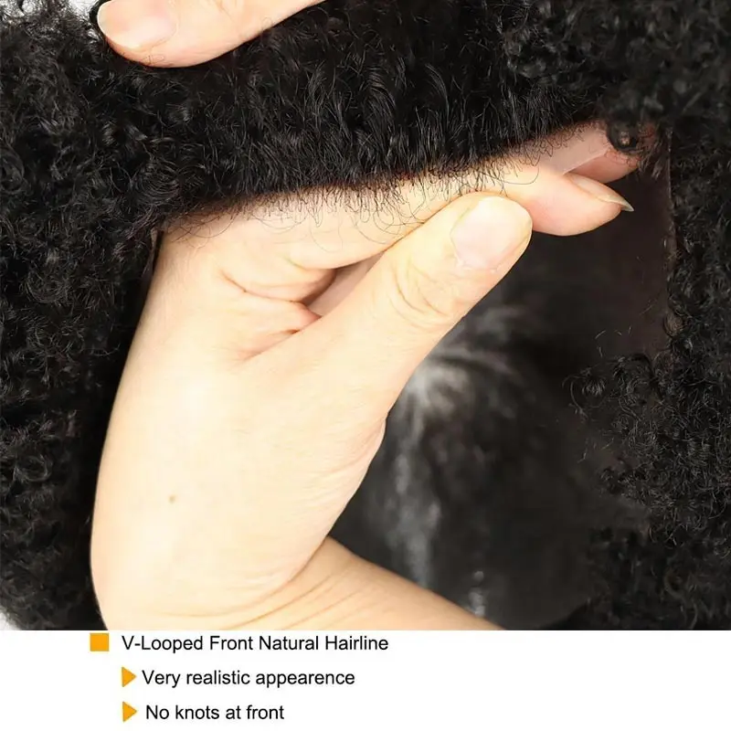Poly Thin Skin PU Afro Wave Human Hair Men Replacement System French Lace Afro Kinky Curl Men Hair Units Toupee for Black Men