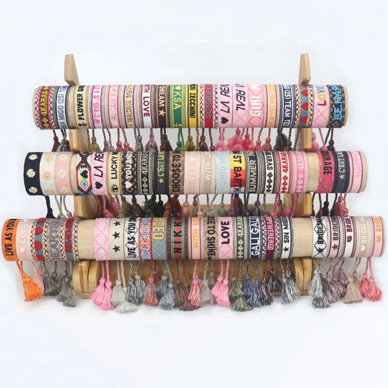 Custom Logo Embroidery Friendship Braided Bracelet 185 Colors Christian Women Adjustable Woven Tassel Bracelets