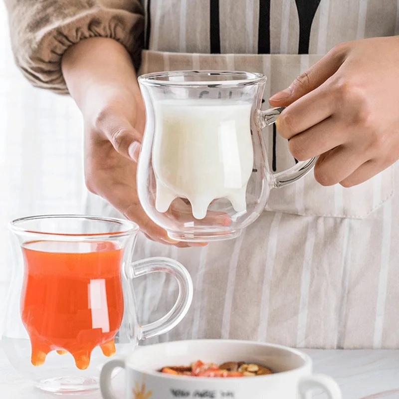 Cute cups heat resistant double wall glass creative mug milk bottle dairy cow milk glass cups coffee mug 250ml