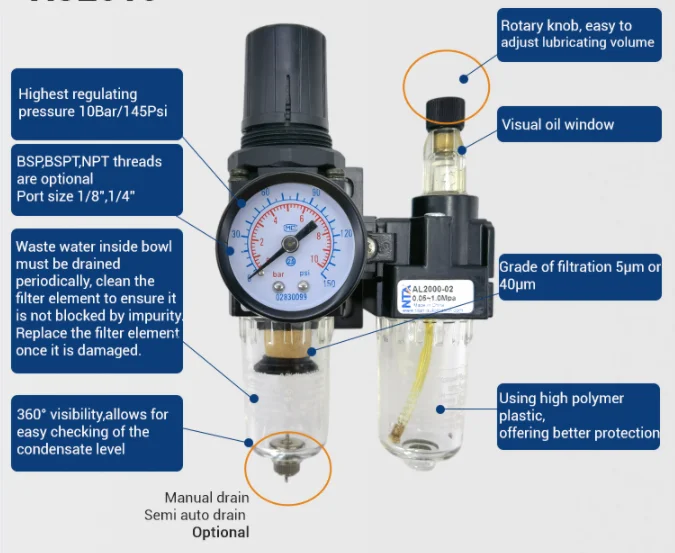 AC Series Aluminum Alloy Air Filter Regulator Lubricator Unit FRL Air Preparation Air Compressor Filter Regulator