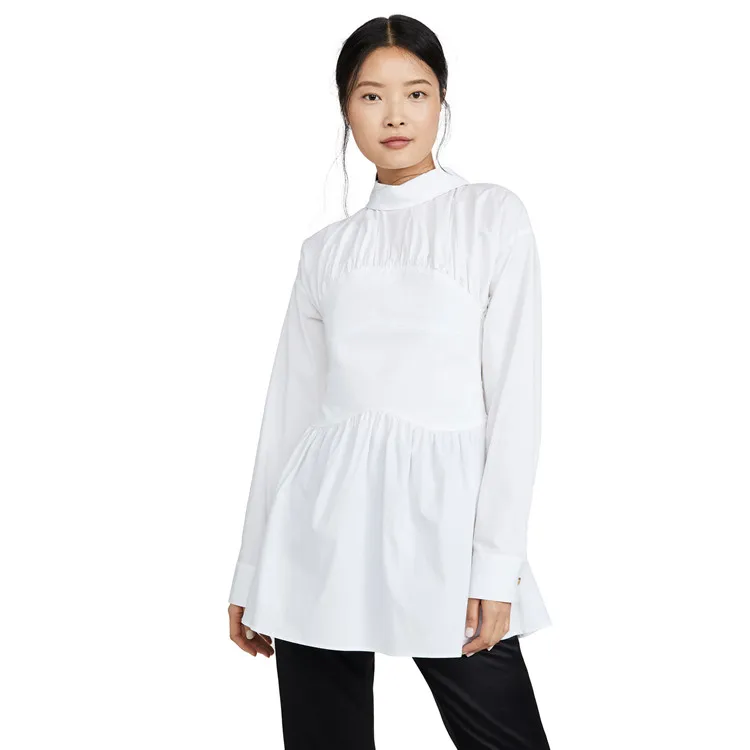 Casual fashion long sleeve white women blouse back buttons ruffles women shirt